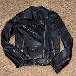 Zara Black Faux Leather Biker Jacket with Silver Hardware